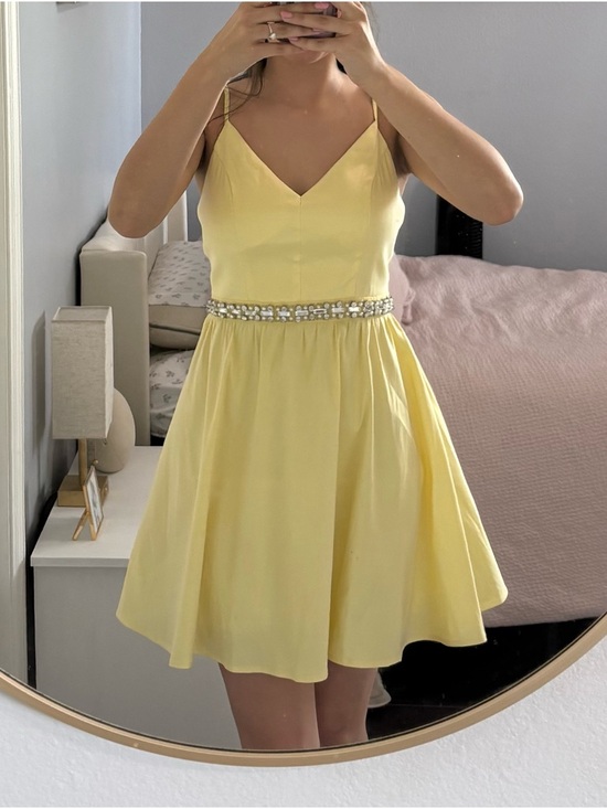Honey and Rosie Dresses & Skirts - Yellow Jeweled Waist Spaghetti-Strap 
Short formal  Dress